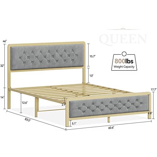 Fancihabor Gold Queen Size Bed Frame, Velvet Upholstered Platform Bed with Button Tufted Headboard, Heavy Duty Metal Mattress Foundation and Metal Slats, No Box Spring Rquired (Grey, Queen)