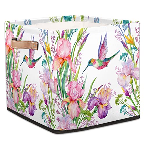 DJYQBFA Storage Basket Hummingbird Flowers Watercolor Collapsible Storage Bin with Handles Large Canvas Storage Cubes Toy Basket for Shelves Closet Nursery Cabinet Living Room Organizer 13x13x13