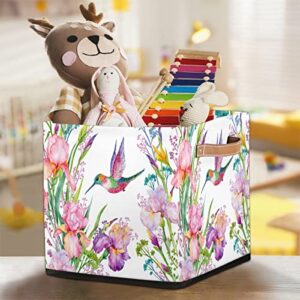 DJYQBFA Storage Basket Hummingbird Flowers Watercolor Collapsible Storage Bin with Handles Large Canvas Storage Cubes Toy Basket for Shelves Closet Nursery Cabinet Living Room Organizer 13x13x13