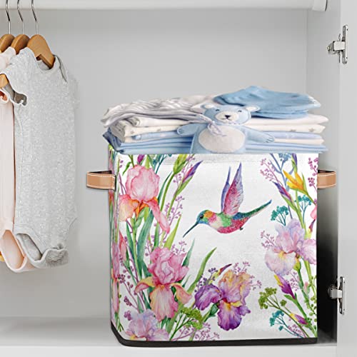 DJYQBFA Storage Basket Hummingbird Flowers Watercolor Collapsible Storage Bin with Handles Large Canvas Storage Cubes Toy Basket for Shelves Closet Nursery Cabinet Living Room Organizer 13x13x13