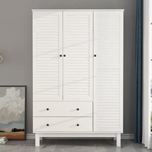aiegle wardrobe armoire closet with 3 shutter doors, 47" wide large freestanding armoire wardrobe cabinet with 2 drawers, shelves & hanging rod, bedroom wood clothes storage, white type c
