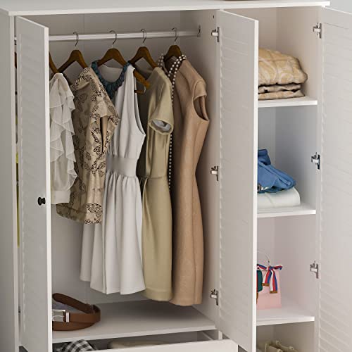 AIEGLE Wardrobe Armoire Closet with 3 Shutter Doors, 47" Wide Large Freestanding Armoire Wardrobe Cabinet with 2 Drawers, Shelves & Hanging Rod, Bedroom Wood Clothes Storage, White Type C