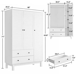 AIEGLE Wardrobe Armoire Closet with 3 Shutter Doors, 47" Wide Large Freestanding Armoire Wardrobe Cabinet with 2 Drawers, Shelves & Hanging Rod, Bedroom Wood Clothes Storage, White Type C