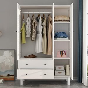 AIEGLE Wardrobe Armoire Closet with 3 Shutter Doors, 47" Wide Large Freestanding Armoire Wardrobe Cabinet with 2 Drawers, Shelves & Hanging Rod, Bedroom Wood Clothes Storage, White Type C