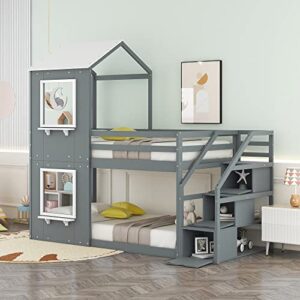 lovmor twin over twin bunk bed with storage stairs,wood bed with roof, window, guardrail, ladder，gray+white