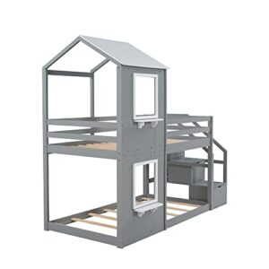LOVMOR Twin Over Twin Bunk Bed with Storage Stairs,Wood Bed with Roof, Window, Guardrail, Ladder，Gray+White
