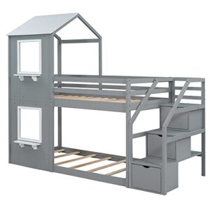 LOVMOR Twin Over Twin Bunk Bed with Storage Stairs,Wood Bed with Roof, Window, Guardrail, Ladder，Gray+White