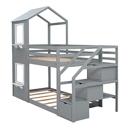 LOVMOR Twin Over Twin Bunk Bed with Storage Stairs,Wood Bed with Roof, Window, Guardrail, Ladder，Gray+White