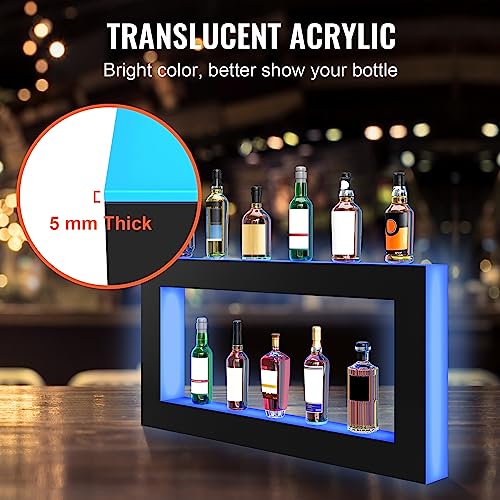 VEVOR LED Lighted Liquor Bottle Display, Square 48 Inches, Supports USB,Illuminated Home Bar Shelf w/RF Remote & App Control 7 Static Colors 1-4 H Timing, Acrylic Wall-Mounted Shelf for 24 Bottles