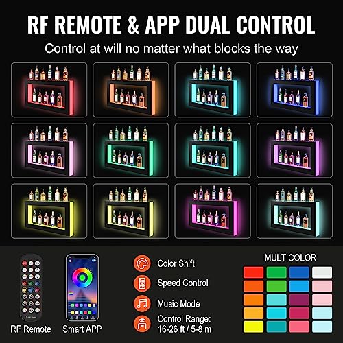 VEVOR LED Lighted Liquor Bottle Display, Square 48 Inches, Supports USB,Illuminated Home Bar Shelf w/RF Remote & App Control 7 Static Colors 1-4 H Timing, Acrylic Wall-Mounted Shelf for 24 Bottles