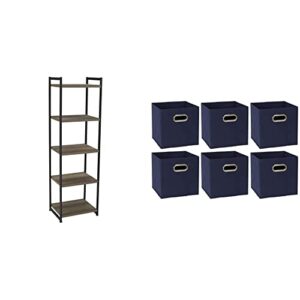 household essentials 5 tier storage tower metal, grey shelf – black frame, ashwood & 81-1 foldable fabric storage bins | set of 6 cubby cubes with handles | navy blue, 6 lbs