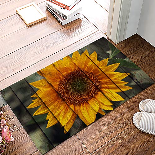 Outdoor Rug 18x30Inch Area Rug for Bedroom Decor, Absorbent Door Mat Low Profile Kitchen Rugs Carpet, Sunflower Plant on The Wooden Bathroom Rugs for Home Decor Living Room Decor