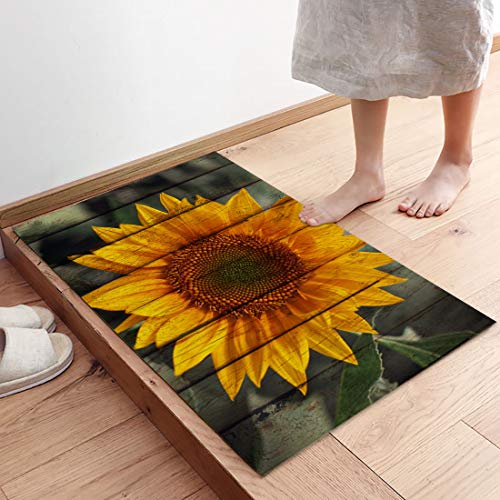 Outdoor Rug 18x30Inch Area Rug for Bedroom Decor, Absorbent Door Mat Low Profile Kitchen Rugs Carpet, Sunflower Plant on The Wooden Bathroom Rugs for Home Decor Living Room Decor