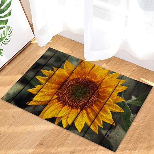 Outdoor Rug 18x30Inch Area Rug for Bedroom Decor, Absorbent Door Mat Low Profile Kitchen Rugs Carpet, Sunflower Plant on The Wooden Bathroom Rugs for Home Decor Living Room Decor