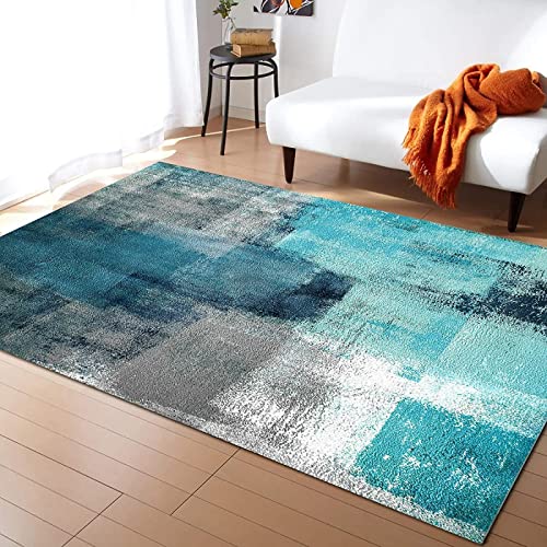 Turquoise and Gray Abstract Art Area Rug, Teal Graffiti Painting Indoor Carpet, Comfortable Soft Rug Breathable with Non-Slip Backing Ideal for Living Room Bedroom Boy Girl Decor5 x 7ft