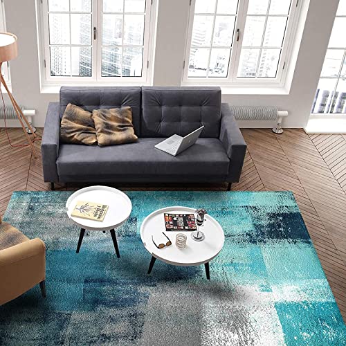 Turquoise and Gray Abstract Art Area Rug, Teal Graffiti Painting Indoor Carpet, Comfortable Soft Rug Breathable with Non-Slip Backing Ideal for Living Room Bedroom Boy Girl Decor5 x 7ft