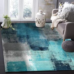 Turquoise and Gray Abstract Art Area Rug, Teal Graffiti Painting Indoor Carpet, Comfortable Soft Rug Breathable with Non-Slip Backing Ideal for Living Room Bedroom Boy Girl Decor5 x 7ft