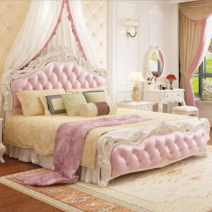 bigmaii faux leather crystal tufted bed frame victorian style solid wood bed, queen size platform bed french vintage royal bed with upholstered headboard and footboard, pink