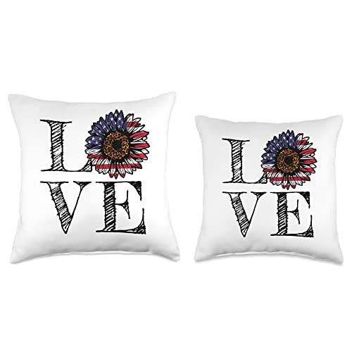 Cool 4th Of July Patriotic American Gifts American Flag Sunflower Love America 4th of July Throw Pillow, 16x16, Multicolor