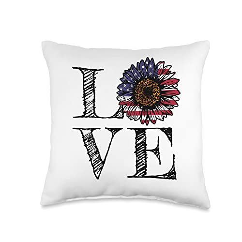 Cool 4th Of July Patriotic American Gifts American Flag Sunflower Love America 4th of July Throw Pillow, 16x16, Multicolor