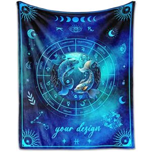 custom pisces blanket gifts, 50"x40" rectangular flannel zodiac throw blanket cozy, personalized blankets gift for boys girls teen women men tarot cards lovers birthday anniversary festival