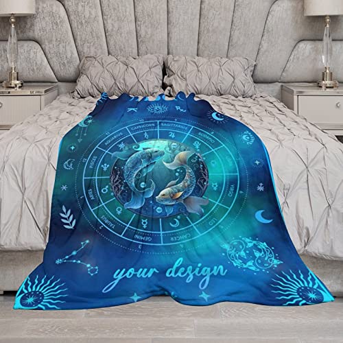 Custom Pisces Blanket Gifts, 50"x40" Rectangular Flannel Zodiac Throw Blanket Cozy, Personalized Blankets Gift for Boys Girls Teen Women Men Tarot Cards Lovers Birthday Anniversary Festival