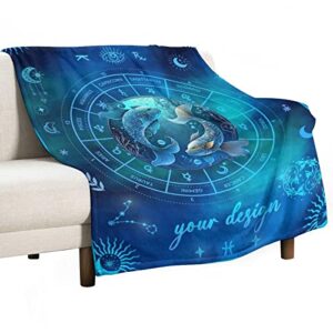 Custom Pisces Blanket Gifts, 50"x40" Rectangular Flannel Zodiac Throw Blanket Cozy, Personalized Blankets Gift for Boys Girls Teen Women Men Tarot Cards Lovers Birthday Anniversary Festival