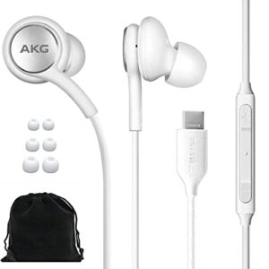samsung akg earbuds original usb type c in-ear earbud headphones with remote & mic for galaxy s23 ultra, a53 5g, s22, s21 fe, s20, note 10, 10+, s10 plus - braided - includes velvet pouch - white