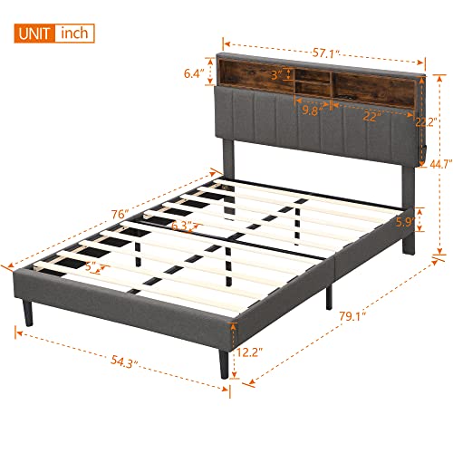 Merax Modern Upholstered Platform Bed with Storage Headboard and USB Port Wood Bed Frame No Box Spring Needed/Easy Assembly Queen, Gray