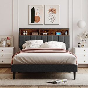 Merax Modern Upholstered Platform Bed with Storage Headboard and USB Port Wood Bed Frame No Box Spring Needed/Easy Assembly Queen, Gray