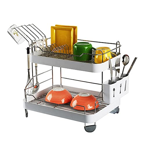 TULGIGS Sink Dish Drying Rack Two Tier Shelf Liner Dish Holder with High Grossy Dish Drainer Cup Holder Spoon Storage Knife Case