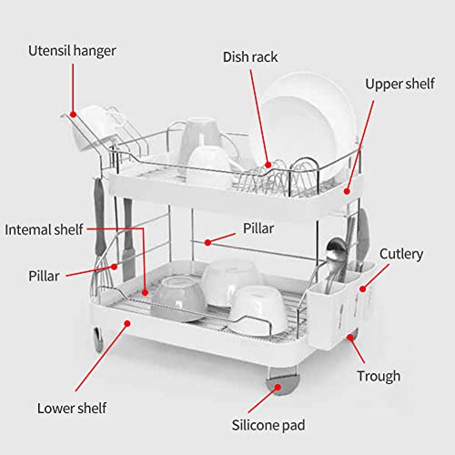 TULGIGS Sink Dish Drying Rack Two Tier Shelf Liner Dish Holder with High Grossy Dish Drainer Cup Holder Spoon Storage Knife Case