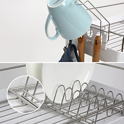 TULGIGS Sink Dish Drying Rack Two Tier Shelf Liner Dish Holder with High Grossy Dish Drainer Cup Holder Spoon Storage Knife Case