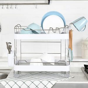 TULGIGS Sink Dish Drying Rack Two Tier Shelf Liner Dish Holder with High Grossy Dish Drainer Cup Holder Spoon Storage Knife Case