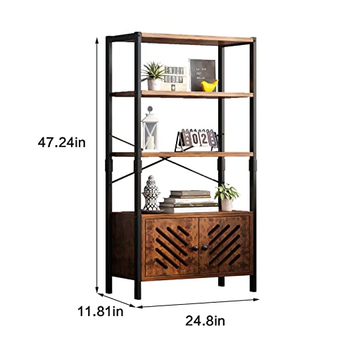 YQ FUNLIS Tall 3-Tier Bookshelf with Doors,Wooden Bookcase with Storage,Standing Display Storage Cabinet Shelves Rustic Bookcase for Home Living Room Bedroom Office