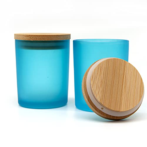 R FLORY 7+7 oz Glass Jars Set of 2 Thick Glass Candle Jars with Bamboo Lids Bathroom Canisters Holder Vanity Cotton Swabs Storage (Frosted Blue)