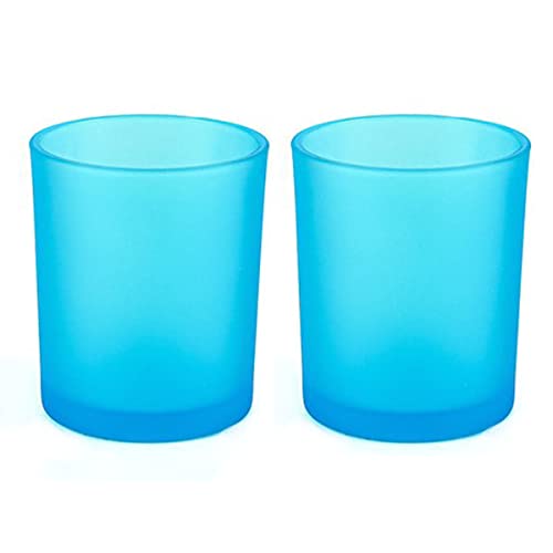 R FLORY 7+7 oz Glass Jars Set of 2 Thick Glass Candle Jars with Bamboo Lids Bathroom Canisters Holder Vanity Cotton Swabs Storage (Frosted Blue)