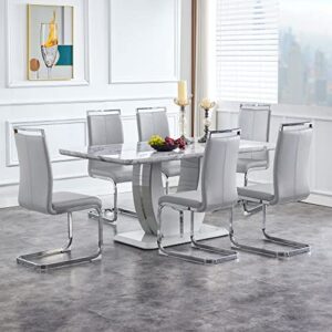 jufu modern dining table set for 6,rectangula kitchen table set with faux marble tabletop＆6 pu leather upholstered chairs ideal for dining room, kitchen (light grey, 1 table with 6 chairs)
