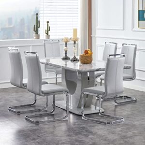 JUFU Modern Dining Table Set for 6,Rectangula Kitchen Table Set with Faux Marble Tabletop＆6 Pu Leather Upholstered Chairs Ideal for Dining Room, Kitchen (Light Grey, 1 Table with 6 Chairs)