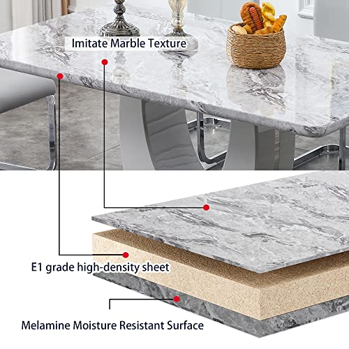 JUFU Modern Dining Table Set for 6,Rectangula Kitchen Table Set with Faux Marble Tabletop＆6 Pu Leather Upholstered Chairs Ideal for Dining Room, Kitchen (Light Grey, 1 Table with 6 Chairs)