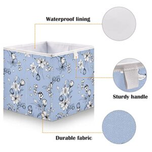 CaTaKu Blue Lily Flowers Cube Storage Bins for Organization, Rectangular Fabric Storage Cubes Storage Bins for Cube Organizer Foldable Storage Baskets for Shelves Living Room