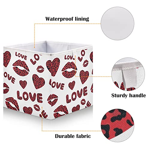 CaTaKu Leopard Heart Lips Cube Storage Bins for Organization, Rectangular Fabric Storage Cubes Storage Bins for Cube Organizer Foldable Storage Baskets for Shelves Living Room