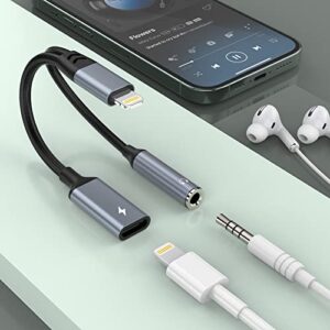 2-in-1 lightning to 3.5mm jack headphone and charger cable adapter,【apple mfi certified】 earphones converter splitter support music+charge+hifi+mic+control for iphone 14 pro max/14 13 12 11