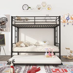 oyn twin over twin metal bunk bed frame with trundle and 2 ladders, black (new upgrade reinforcement version)