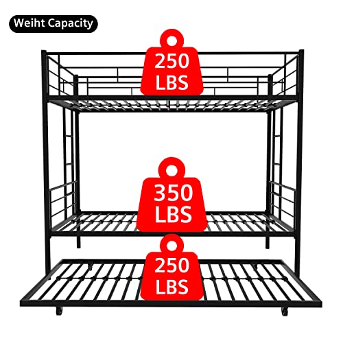 OYN Twin Over Twin Metal Bunk Bed Frame with Trundle and 2 Ladders, Black (New Upgrade Reinforcement Version)