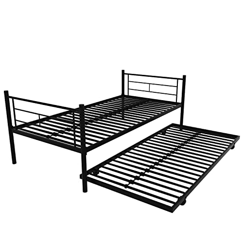 OYN Twin Over Twin Metal Bunk Bed Frame with Trundle and 2 Ladders, Black (New Upgrade Reinforcement Version)