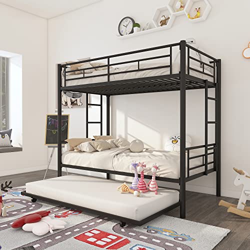OYN Twin Over Twin Metal Bunk Bed Frame with Trundle and 2 Ladders, Black (New Upgrade Reinforcement Version)