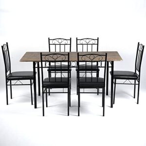 furniturer 7-piece dining table set for home kitchen small space, breakfast nook with 6 chairs, retro brown pu seat metal leg