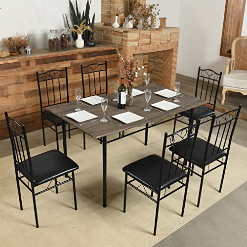 FurnitureR 7-Piece Dining Table Set for Home Kitchen Small Space, Breakfast Nook with 6 Chairs, Retro Brown PU Seat Metal Leg