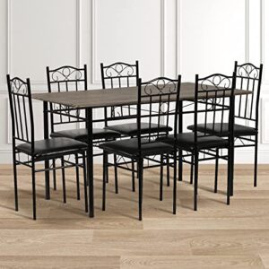 FurnitureR 7-Piece Dining Table Set for Home Kitchen Small Space, Breakfast Nook with 6 Chairs, Retro Brown PU Seat Metal Leg